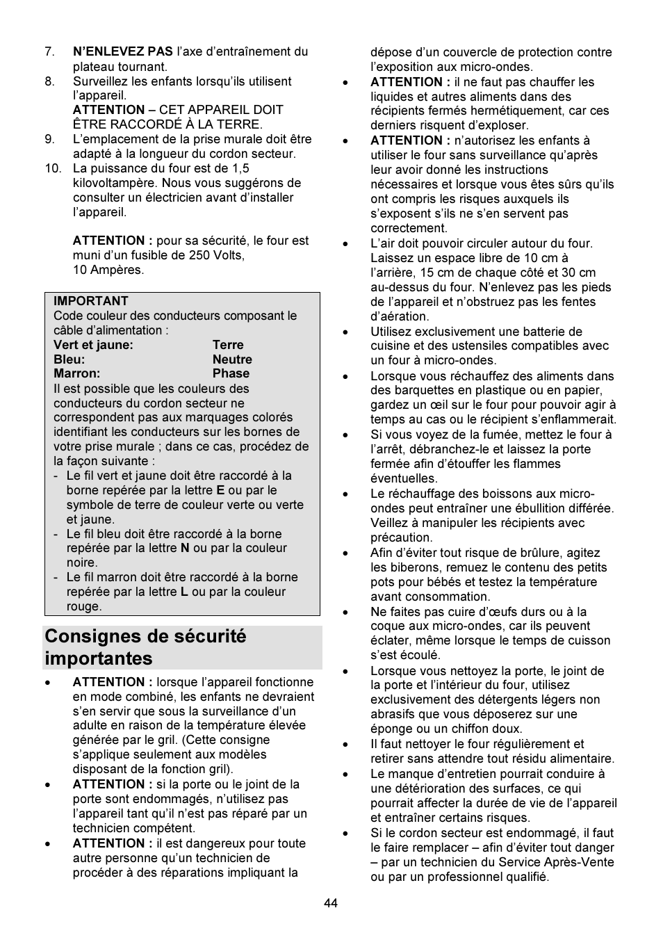 Consignes de sécurité importantes | Gorenje GMO-23 DW User Manual | Page 44 / 144