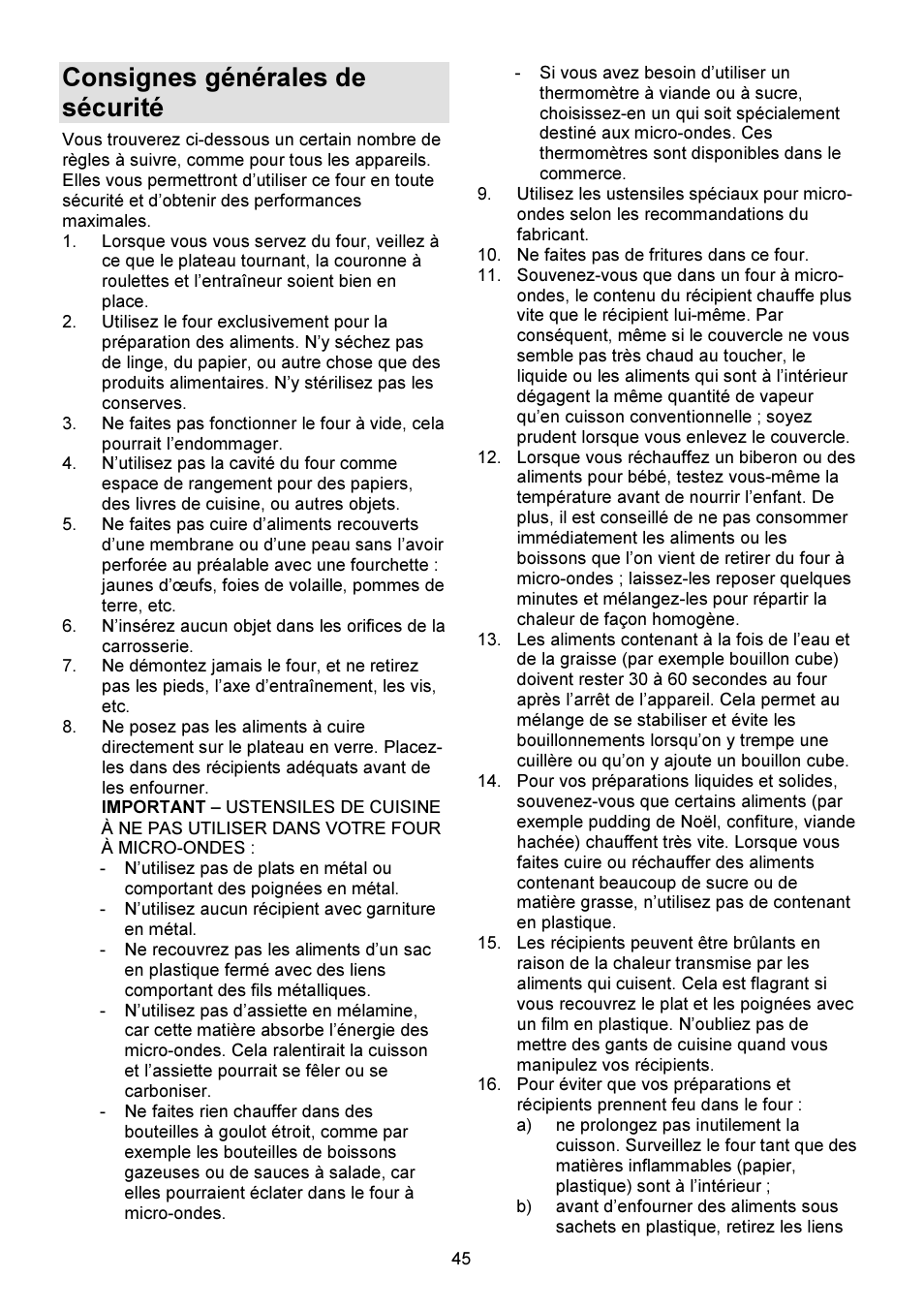 Consignes générales de sécurité | Gorenje GMO-23 DW User Manual | Page 45 / 144