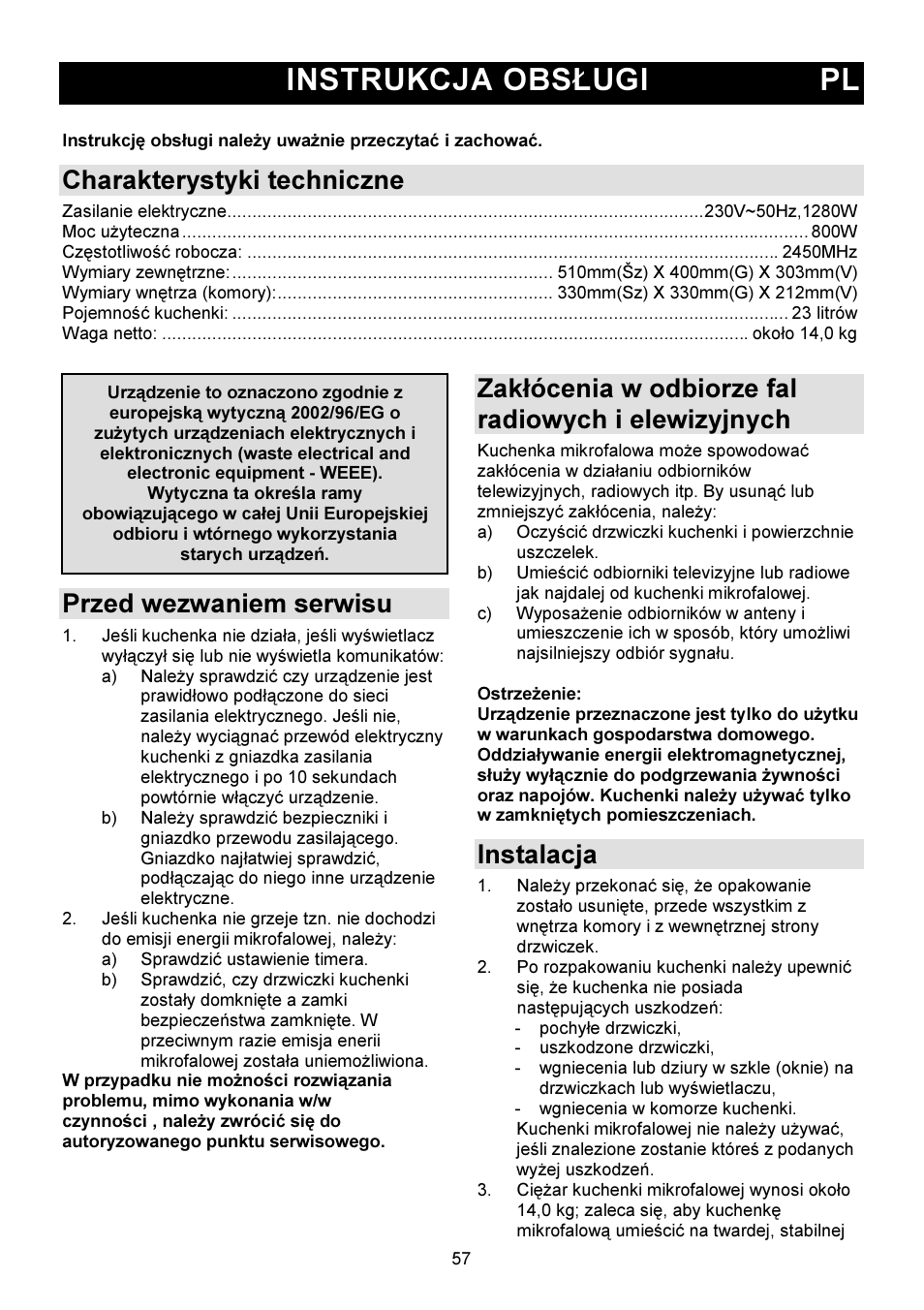 Instrukcja obsługi pl, Charakterystyki techniczne, Przed wezwaniem serwisu | Zakłócenia w odbiorze fal radiowych i elewizyjnych, Instalacja | Gorenje GMO-23 DW User Manual | Page 57 / 144