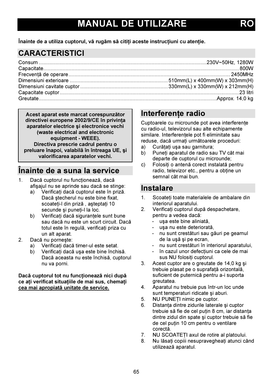 Manual de utilizare ro, Caracteristici, Înainte de a suna la service | Interferenţe radio, Instalare | Gorenje GMO-23 DW User Manual | Page 65 / 144