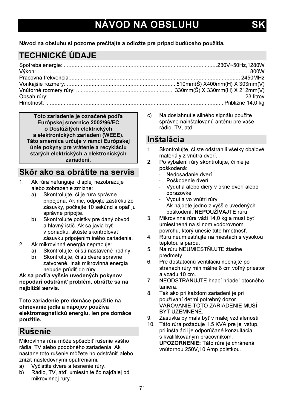 Návod na obsluhu sk, Technické údaje, Skôr ako sa obrátite na servis | Rušenie, Inštalácia | Gorenje GMO-23 DW User Manual | Page 71 / 144