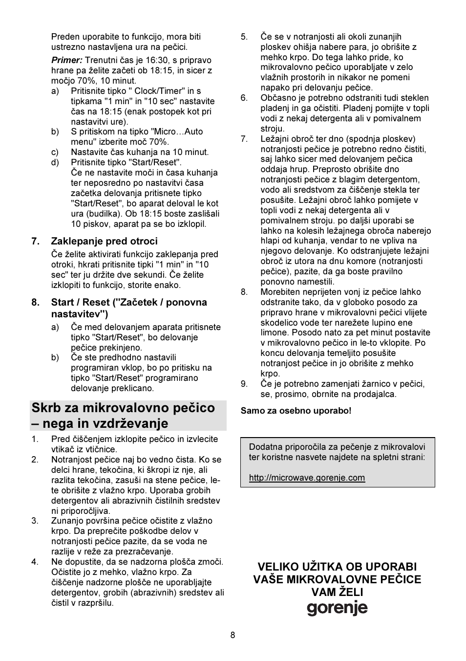 Skrb za mikrovalovno pečico – nega in vzdrževanje | Gorenje GMO-23 DW User Manual | Page 8 / 144