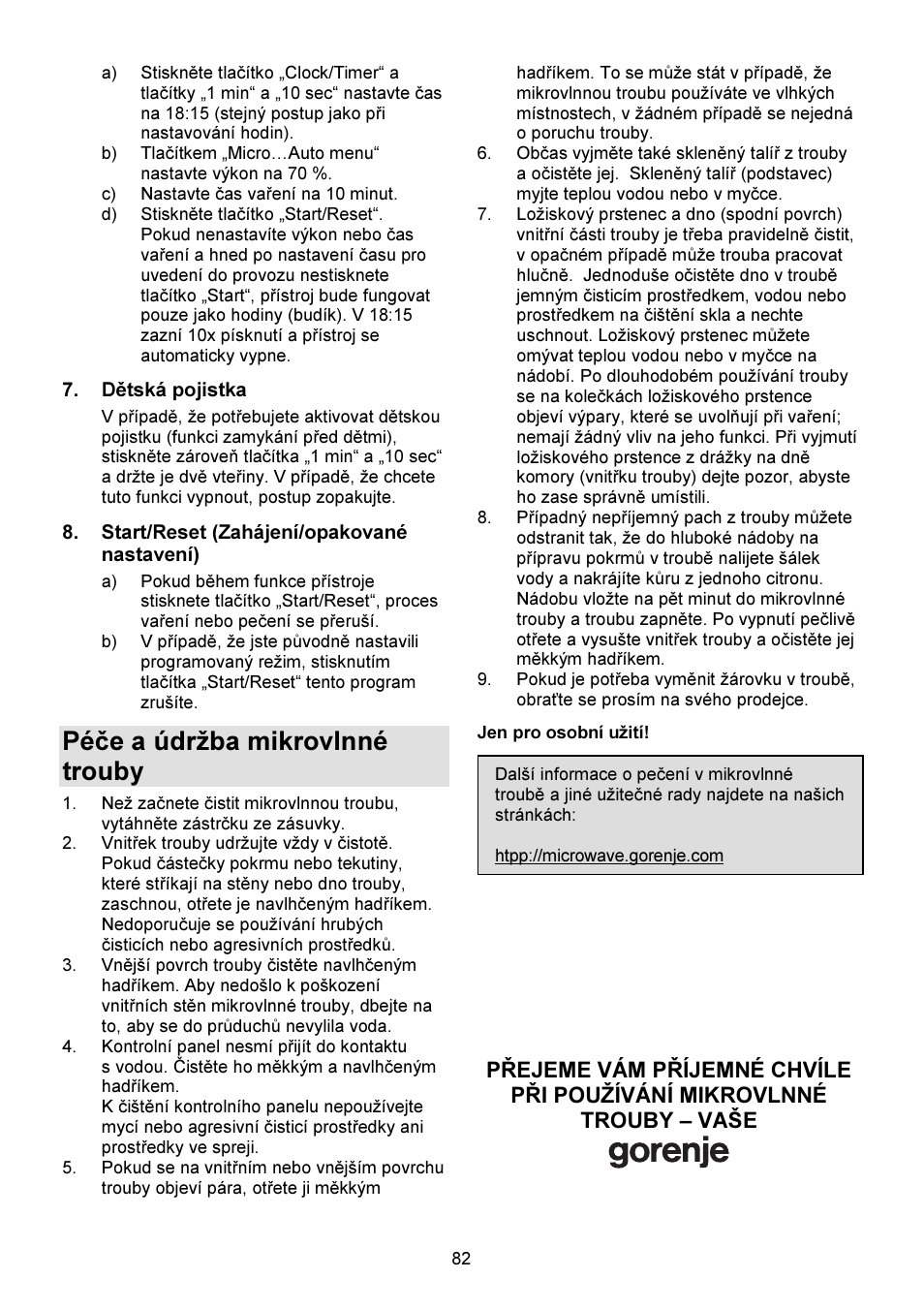 Péče a údržba mikrovlnné trouby | Gorenje GMO-23 DW User Manual | Page 82 / 144