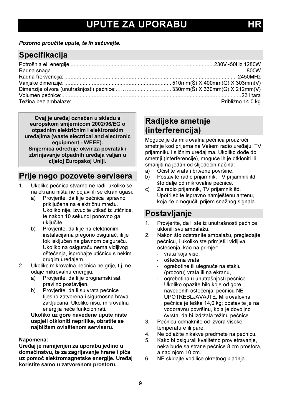 Upute za uporabu hr, Specifikacija, Prije nego pozovete servisera | Radijske smetnje (interferencija), Postavljanje | Gorenje GMO-23 DW User Manual | Page 9 / 144