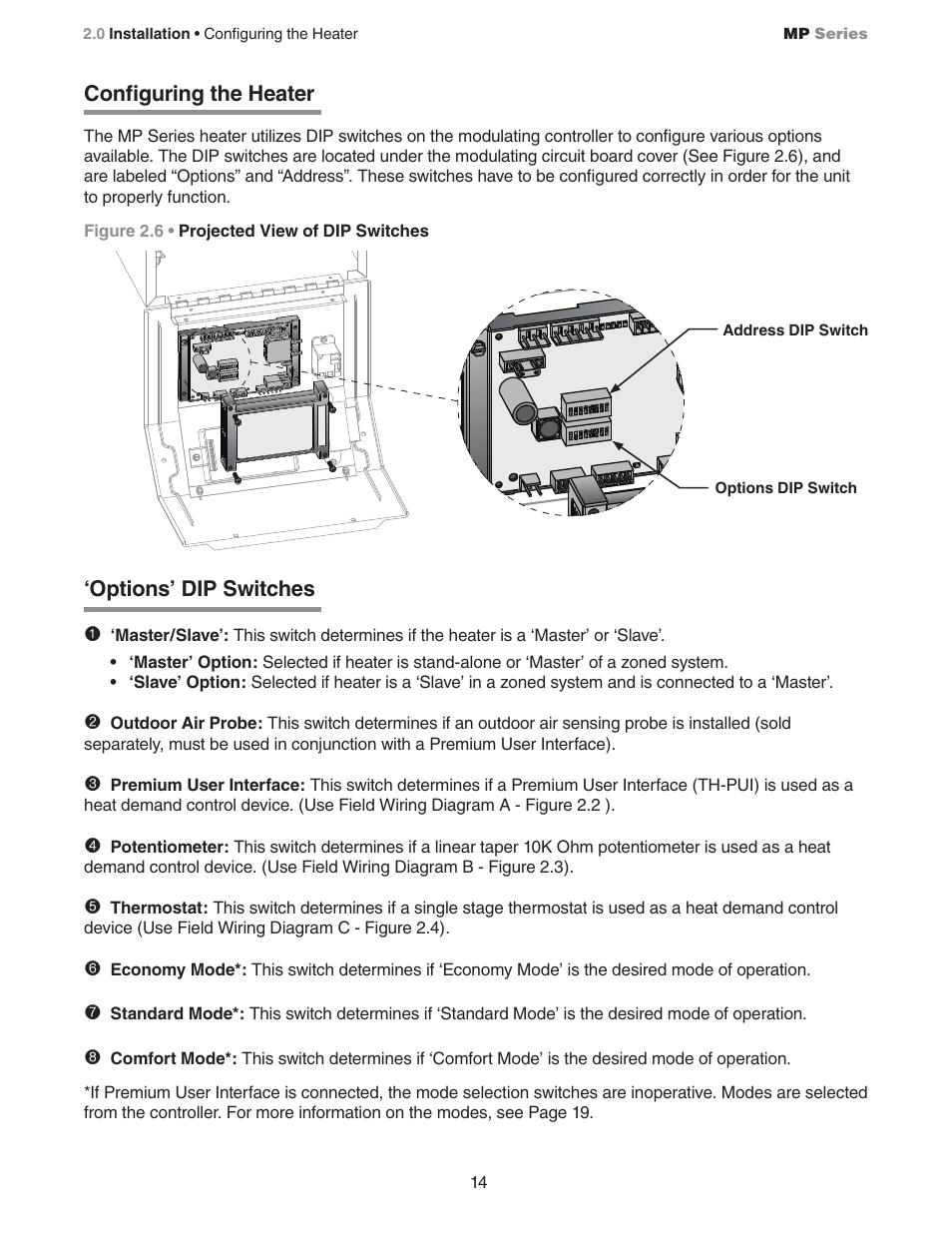 Configuring the heater, Options’ dip switches | Detroit Radiant Products Company MP Series User Manual | Page 14 / 28