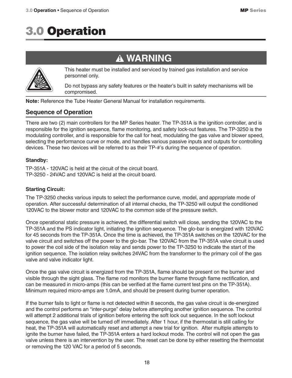 0 operation, Warning | Detroit Radiant Products Company MP Series User Manual | Page 18 / 28