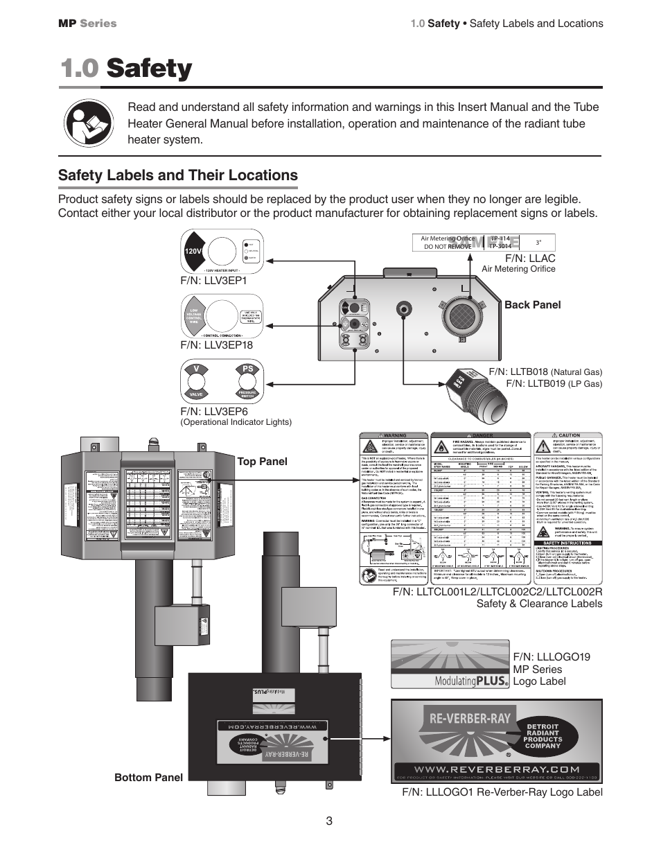 0 safety, Sample, Safety labels and their locations | Detroit Radiant Products Company MP Series User Manual | Page 3 / 28