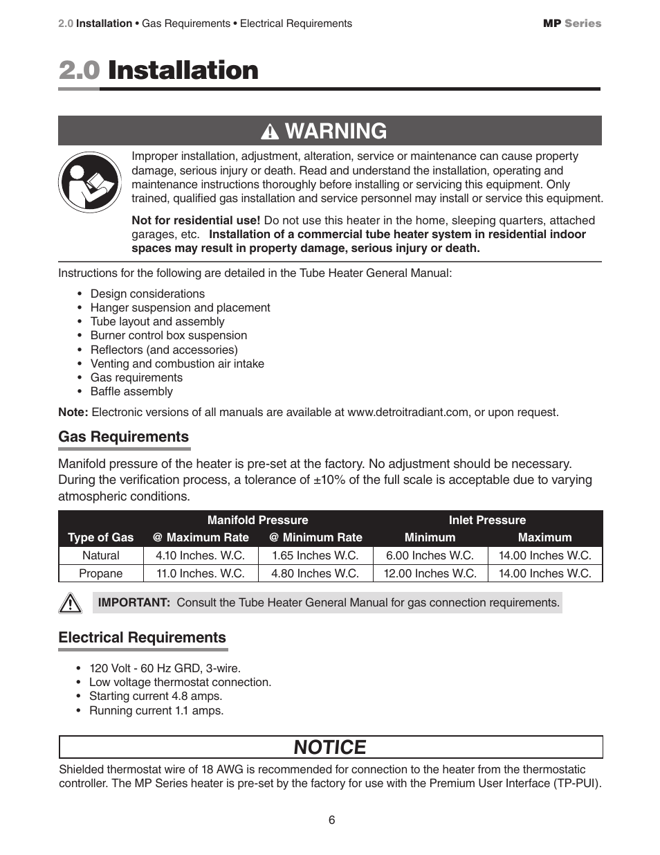 0 installation, Warning, Notice | Detroit Radiant Products Company MP Series User Manual | Page 6 / 28