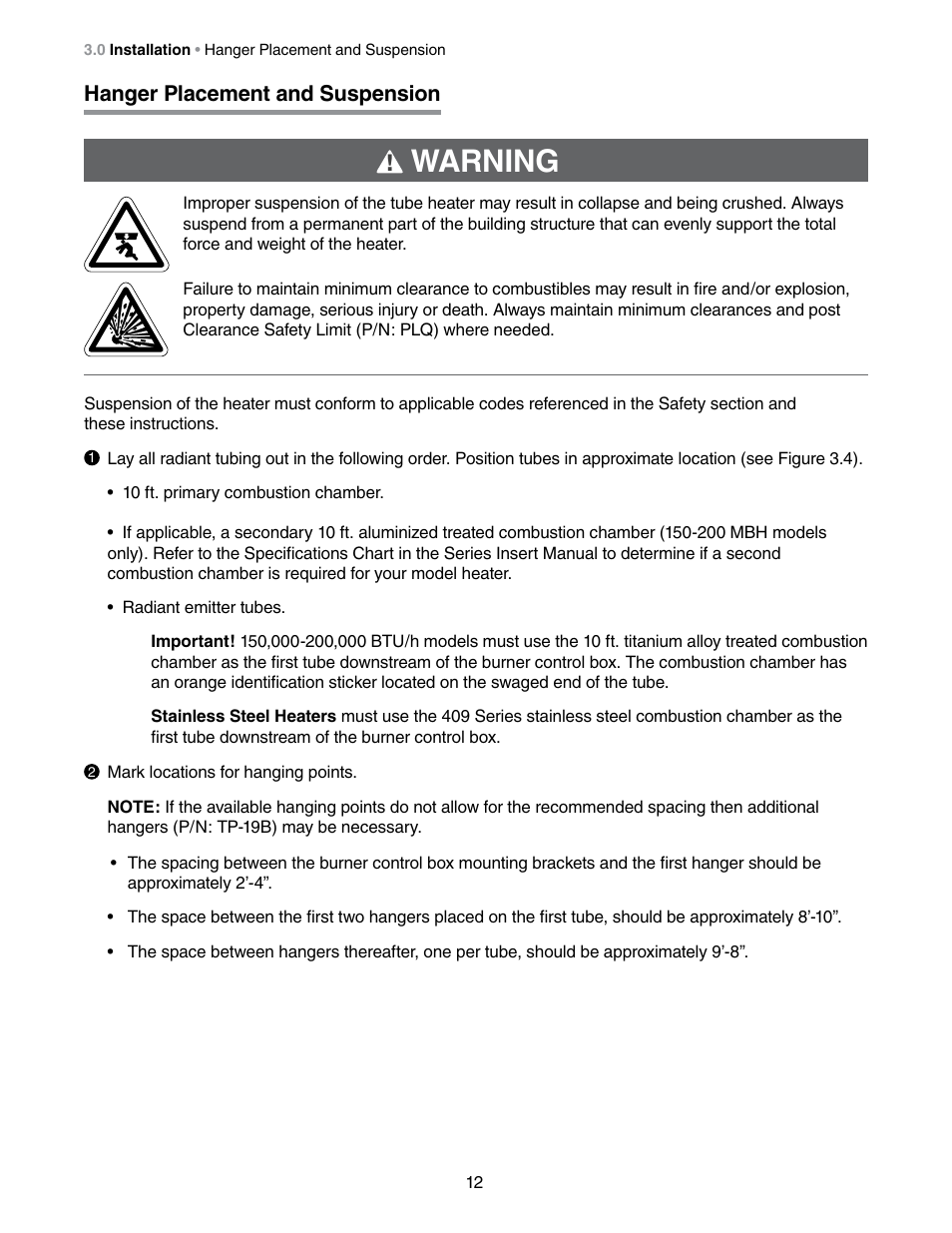 Warning, Hanger placement and suspension | Detroit Radiant Products Company DES3 Series User Manual | Page 12 / 36