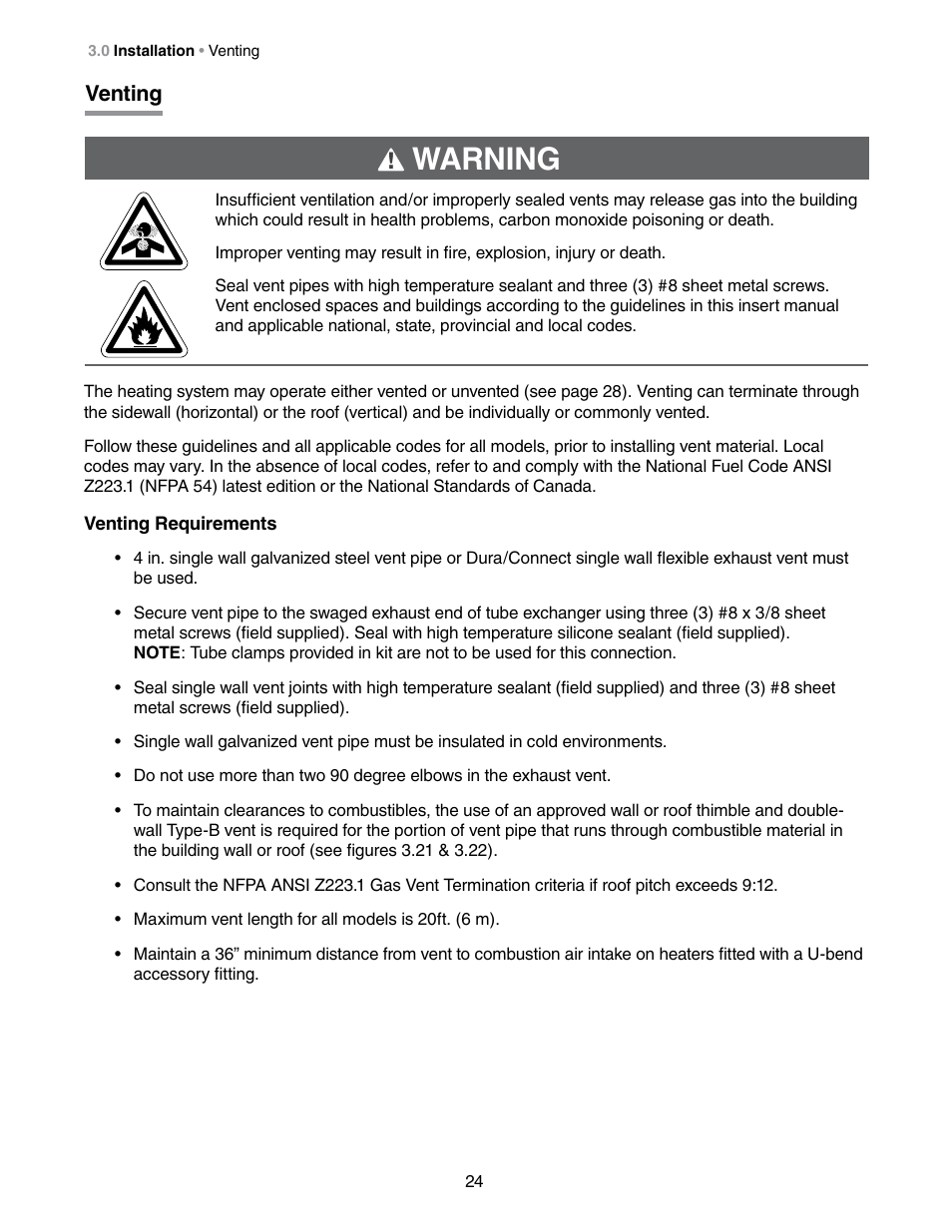 Warning, Venting | Detroit Radiant Products Company DES3 Series User Manual | Page 24 / 36