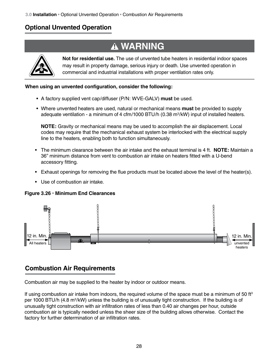 Warning, Optional unvented operation, Combustion air requirements | Detroit Radiant Products Company DES3 Series User Manual | Page 28 / 36