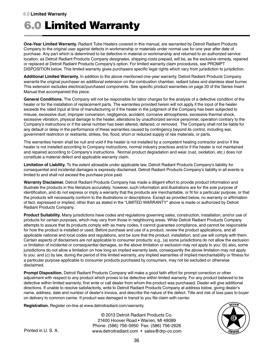 0 limited warranty | Detroit Radiant Products Company DES3 Series User Manual | Page 36 / 36