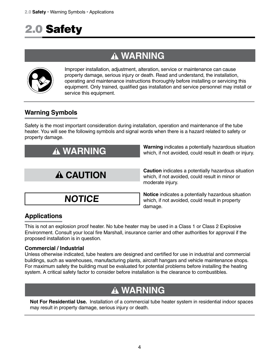 0 safety, Notice warning, Caution | Warning | Detroit Radiant Products Company DES3 Series User Manual | Page 4 / 36