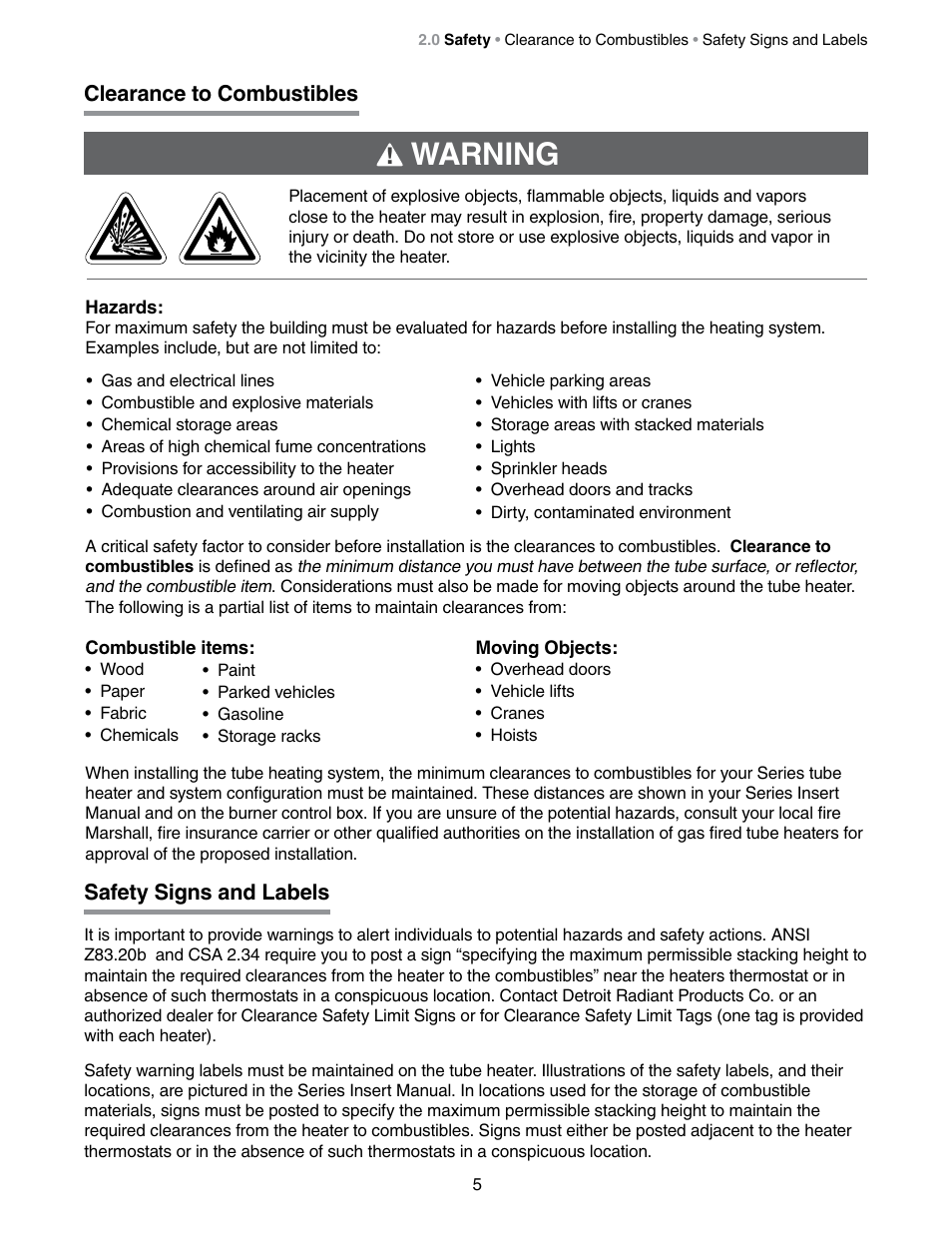 Warning, Clearance to combustibles, Safety signs and labels | Detroit Radiant Products Company DES3 Series User Manual | Page 5 / 36