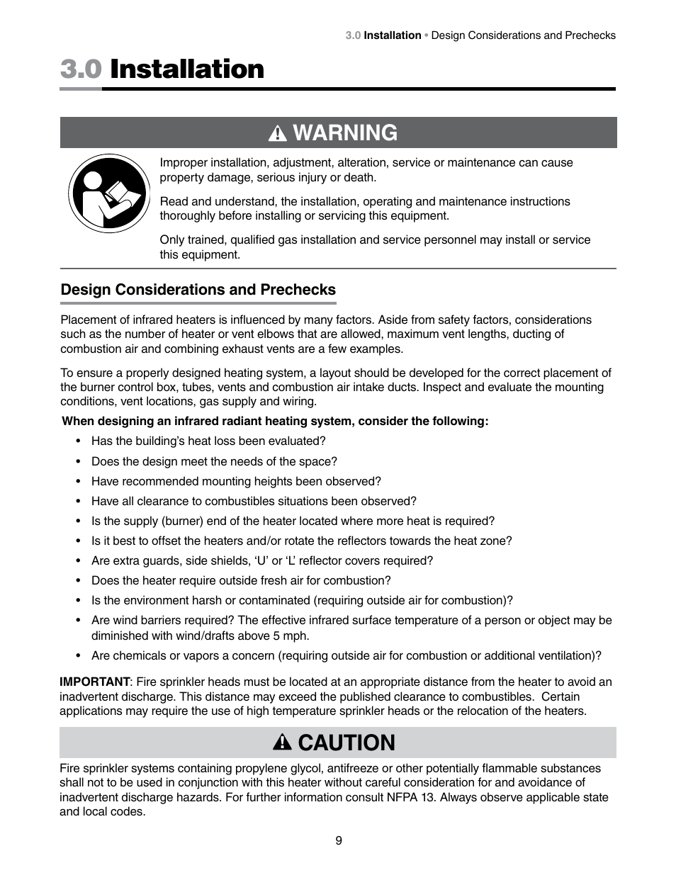 0 installation, Warning, Caution | Detroit Radiant Products Company DES3 Series User Manual | Page 9 / 36