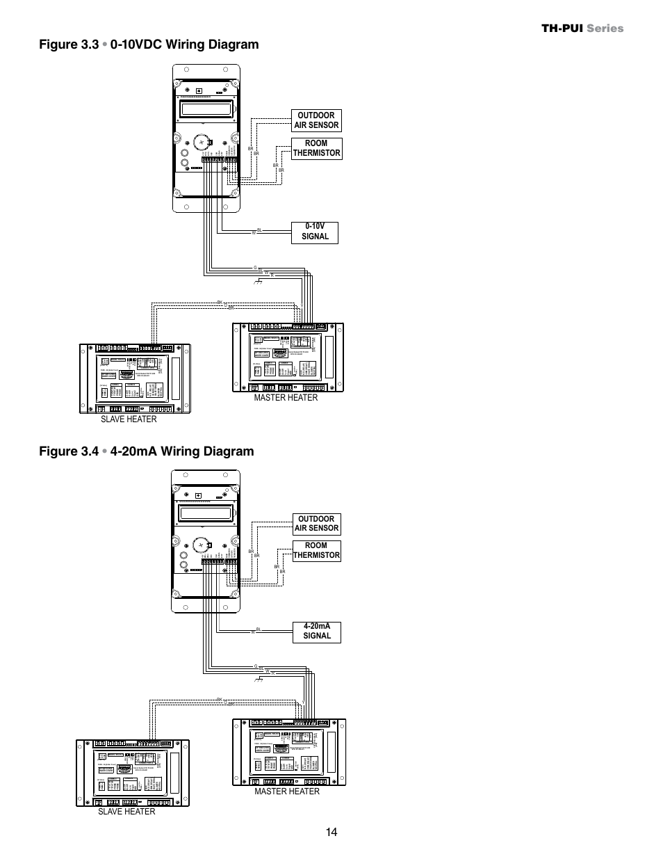 10vdc wiring diagram, Th-pui series, Master heater slave heater | Outdoor air sensor room thermistor 0-10v signal, 20ma signal, Outdoor air sensor room thermistor | Detroit Radiant Products Company MP Series User Manual | Page 14 / 16