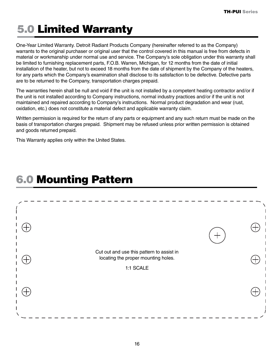 0 limited warranty 6.0 mounting pattern | Detroit Radiant Products Company MP Series User Manual | Page 16 / 16