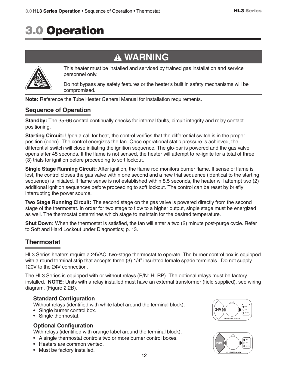 0 operation, Warning, Thermostat | Detroit Radiant Products Company HL3 Series User Manual | Page 12 / 20