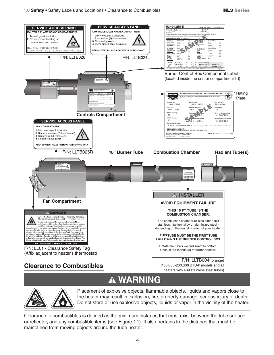 Warning, Sa mp le, Clearance to combustibles | Installer, F/n: lltb004, Burner control box component label, Controls compartment, Radiant tube(s), F/n: lltb026 f/n, Lltb024l | Detroit Radiant Products Company HL3 Series User Manual | Page 4 / 20