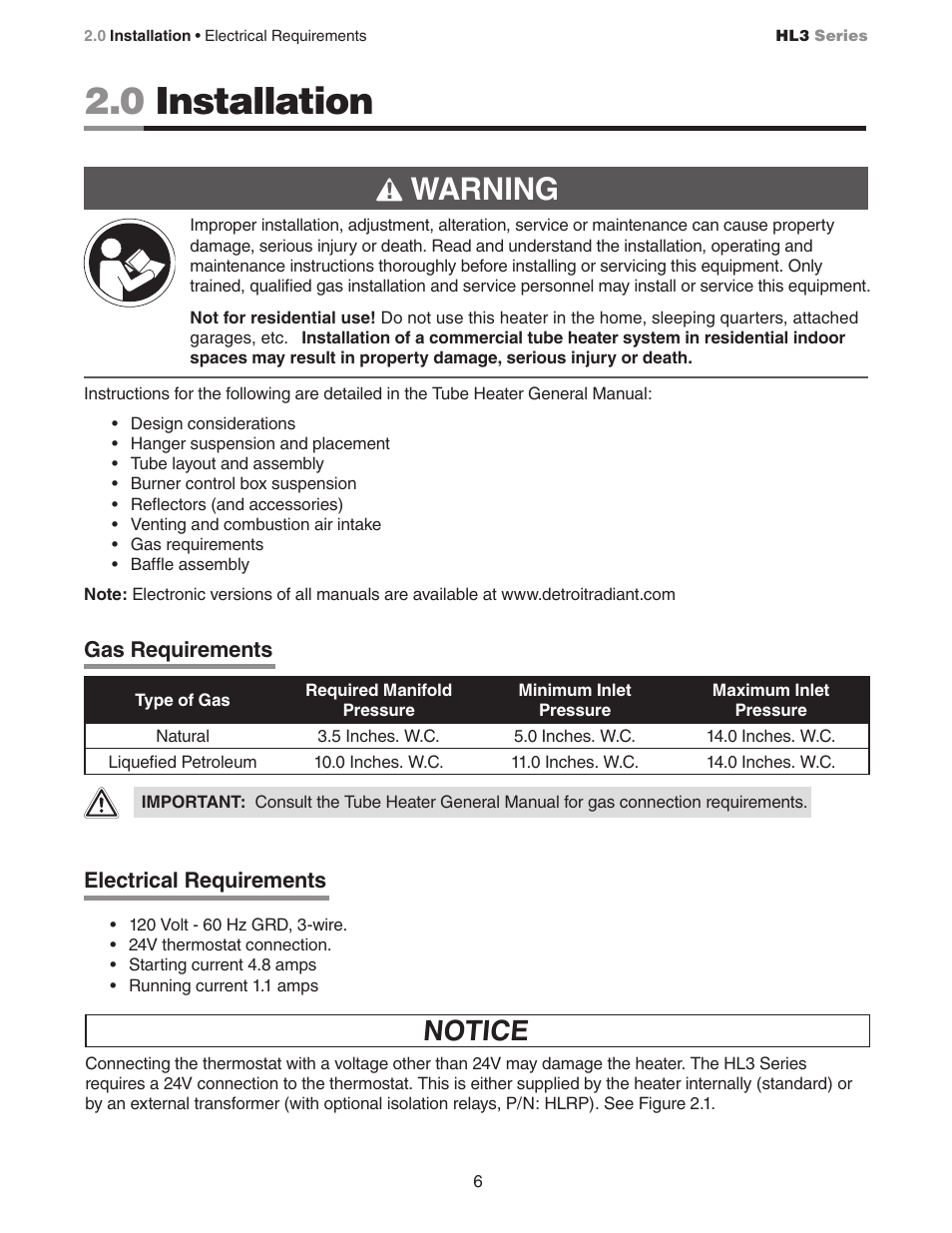 0 installation, Warning, Notice | Detroit Radiant Products Company HL3 Series User Manual | Page 6 / 20