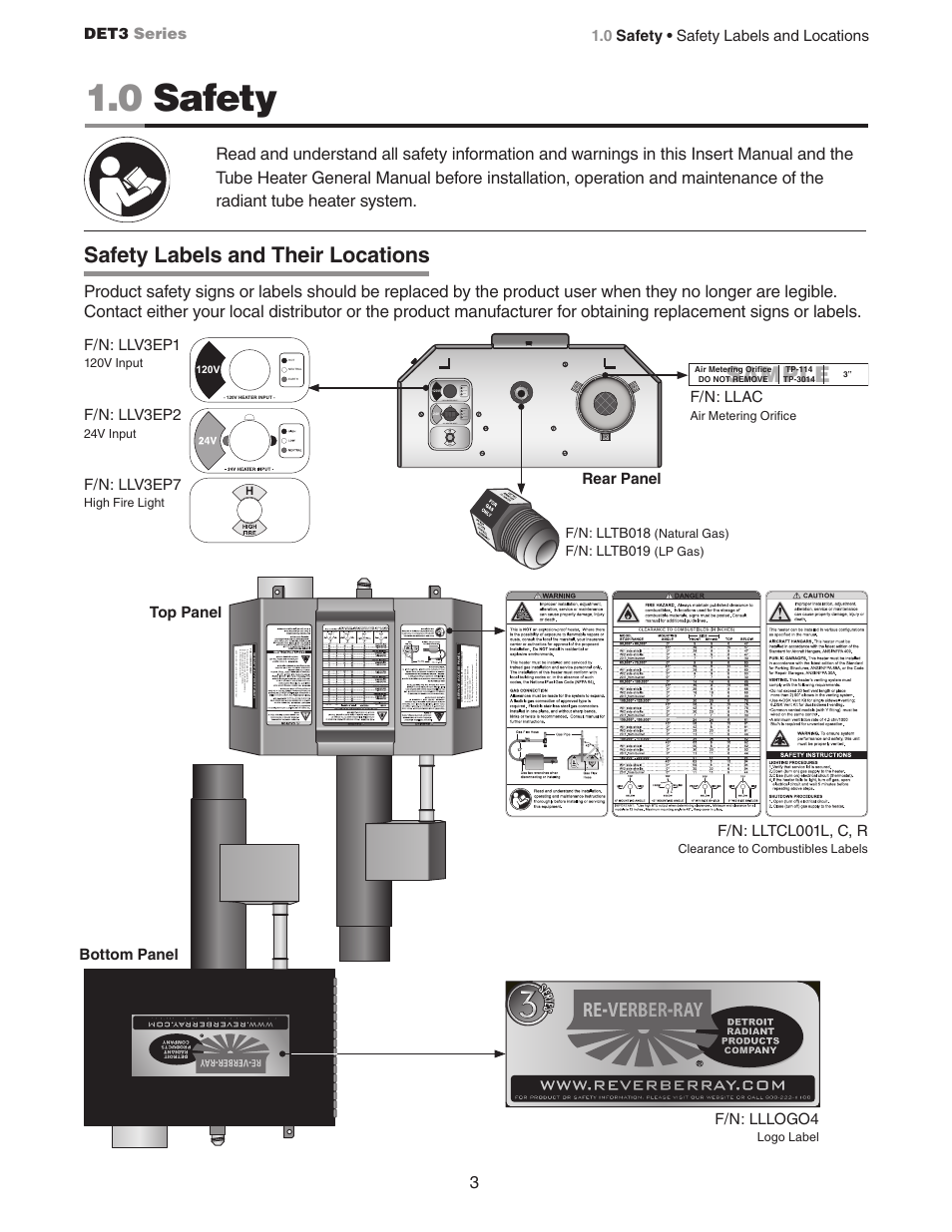 0 safety, Sample, Safety labels and their locations | Detroit Radiant Products Company DET3 Series User Manual | Page 3 / 20