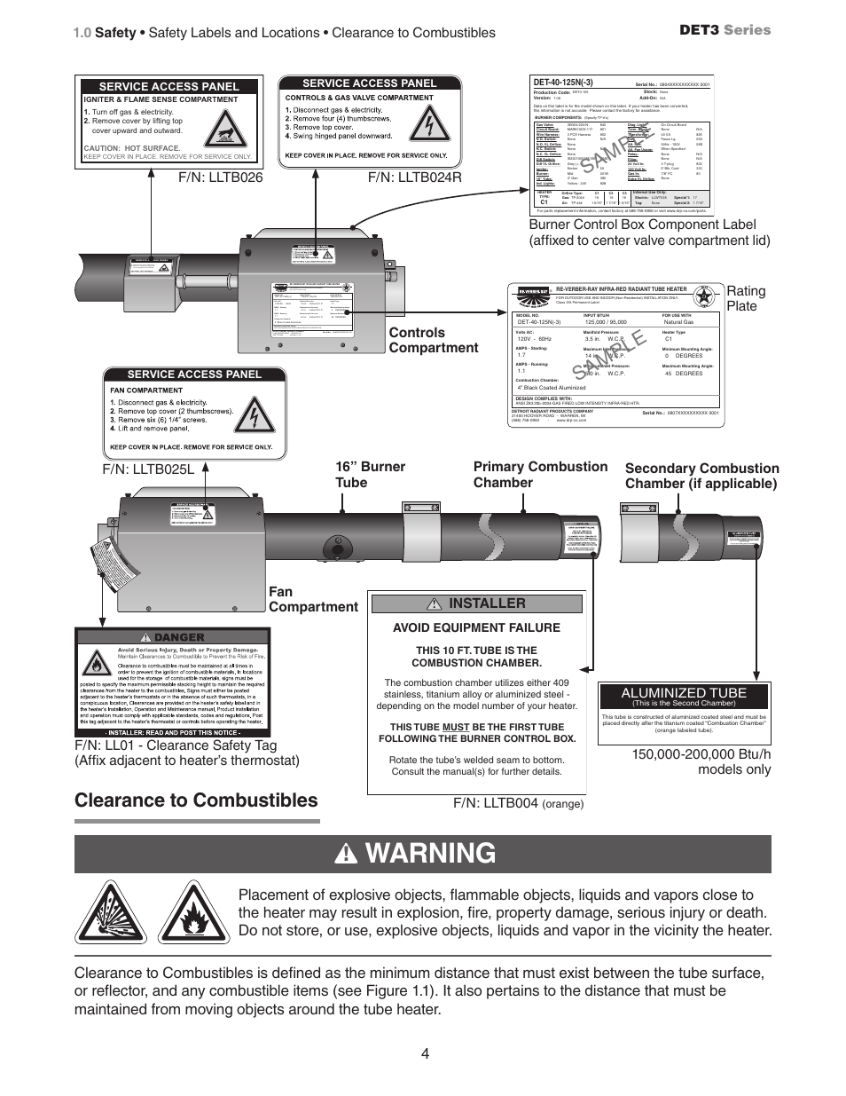 Warning, Clearance to combustibles, Sa mpl e sa mpl e | Installer, F/n: lltb004, Input btu/h, For use with, Aluminized tube, Avoid equipment failure | Detroit Radiant Products Company DET3 Series User Manual | Page 4 / 20