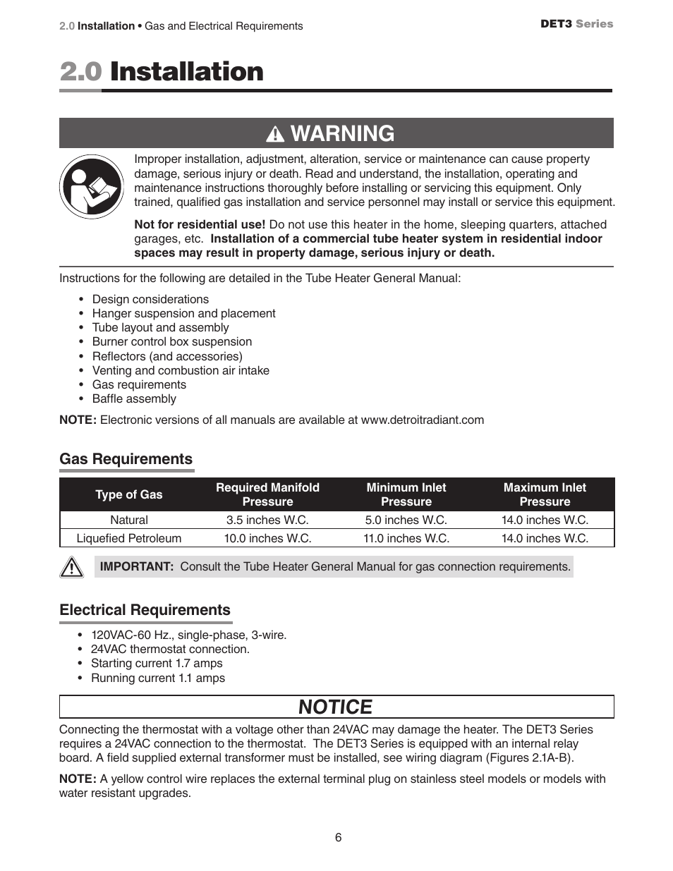 0 installation, Warning, Notice | Detroit Radiant Products Company DET3 Series User Manual | Page 6 / 20