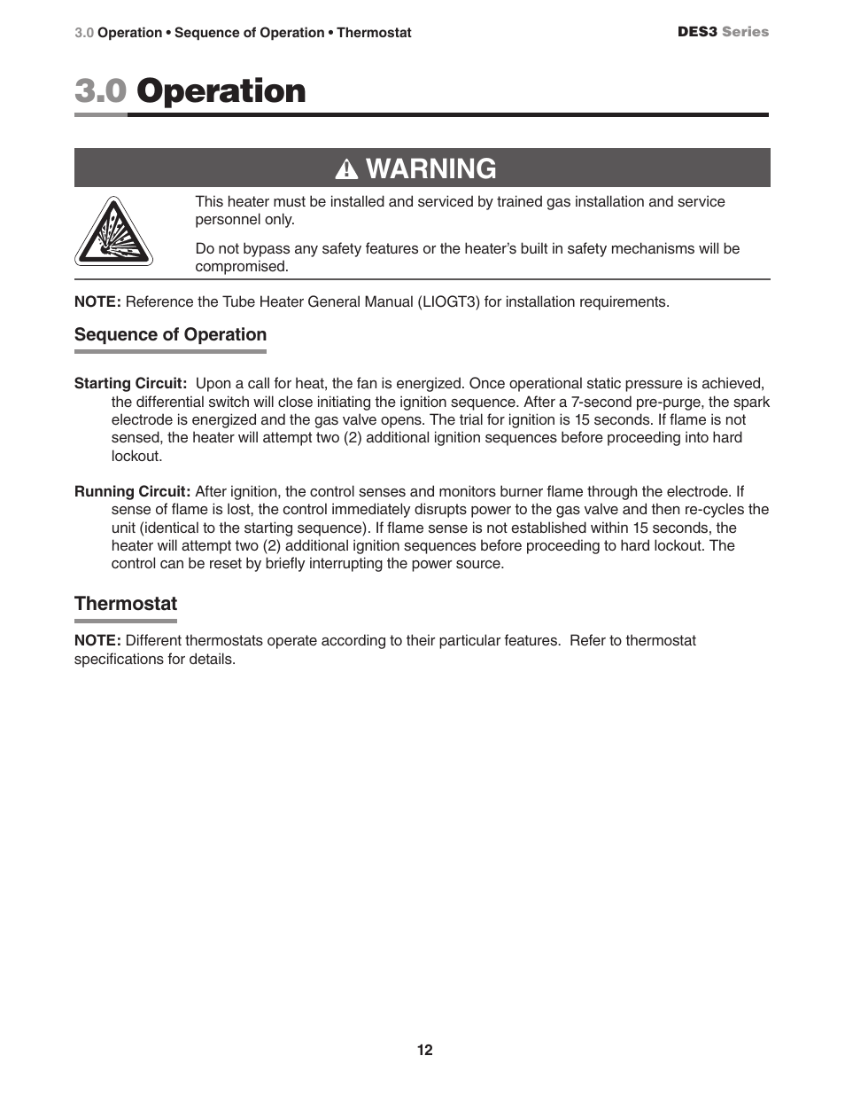 0 operation, Warning | Detroit Radiant Products Company DES3 Series User Manual | Page 12 / 20