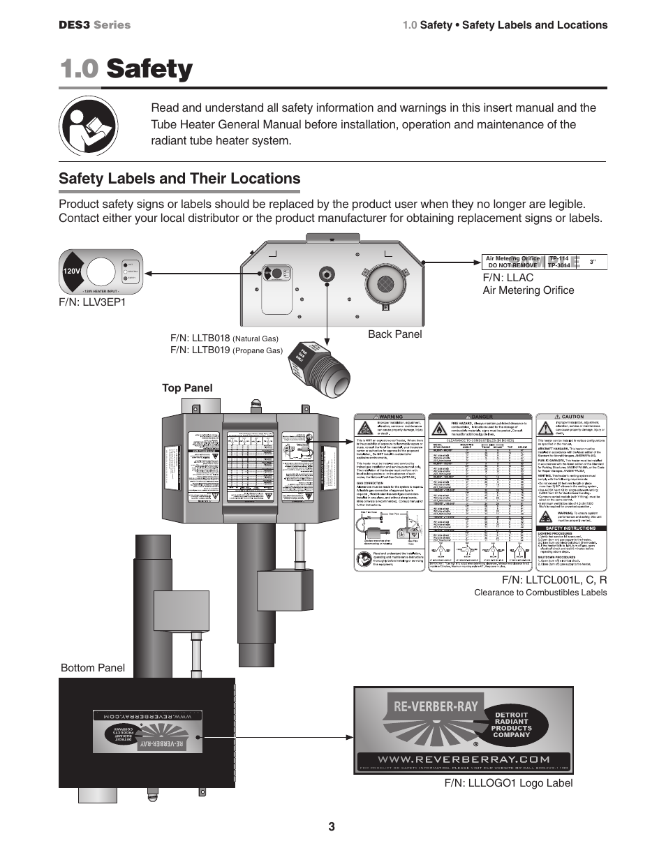 0 safety, Safety labels and their locations, Sample | Detroit Radiant Products Company DES3 Series User Manual | Page 3 / 20