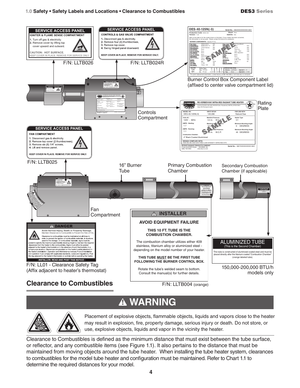 Warning, Clearance to combustibles, Sa mp le sa mp le | Aluminized tube, Installer, F/n: lltb004, Des3 series, Input btu/h, For use with, Secondary combustion chamber (if applicable) | Detroit Radiant Products Company DES3 Series User Manual | Page 4 / 20