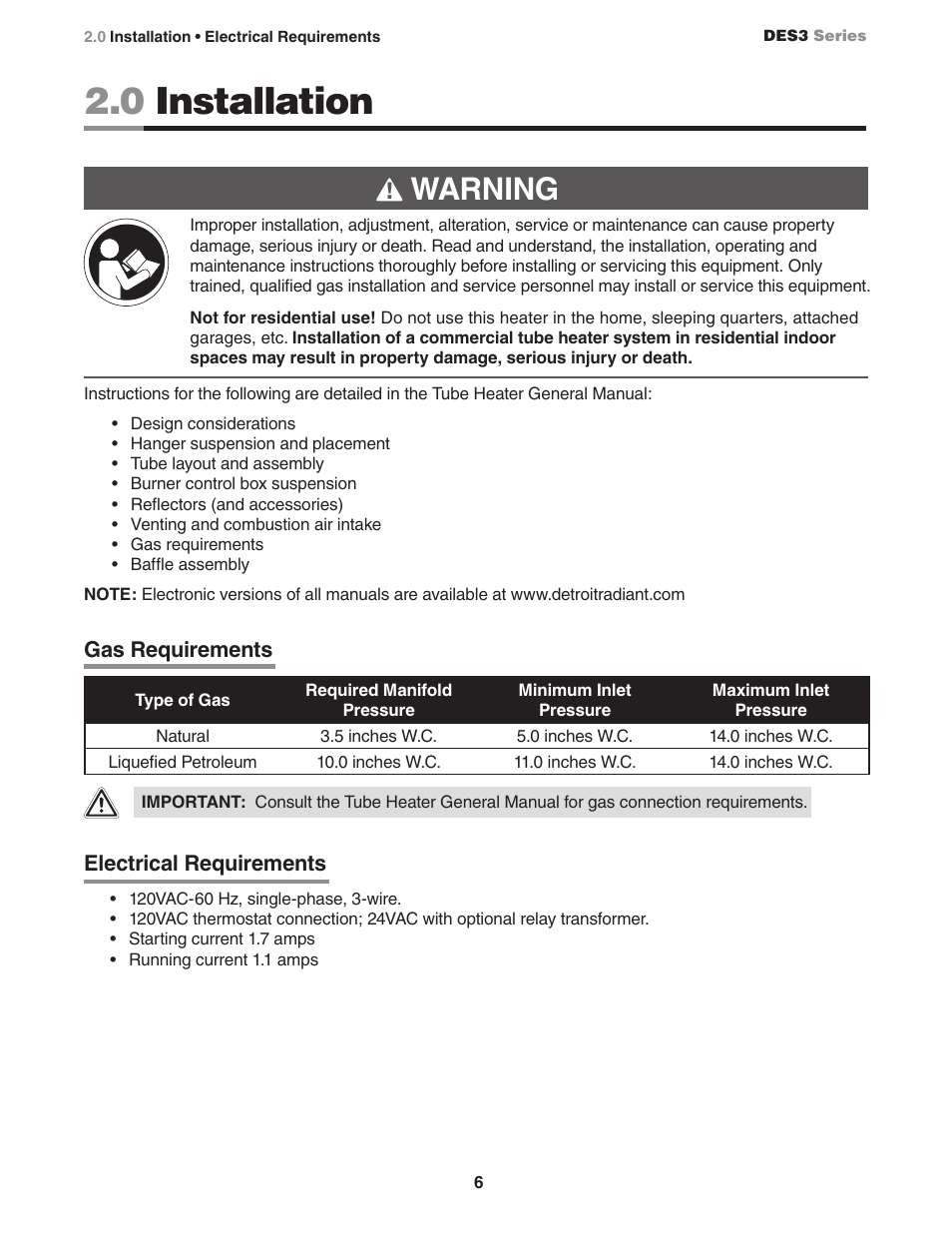 0 installation, Warning | Detroit Radiant Products Company DES3 Series User Manual | Page 6 / 20