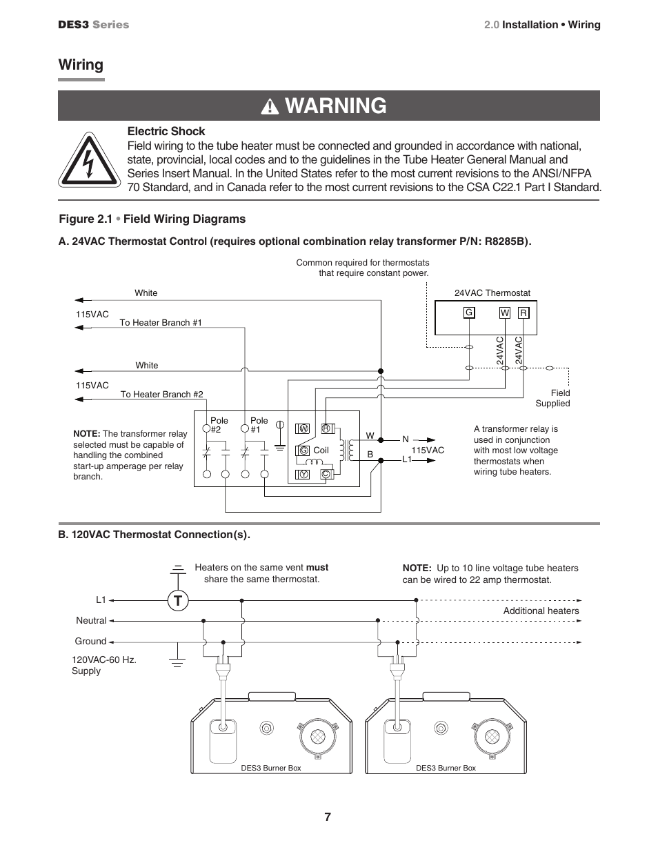 Warning, Wiring, Figure 2.1 • field wiring diagrams | Detroit Radiant Products Company DES3 Series User Manual | Page 7 / 20