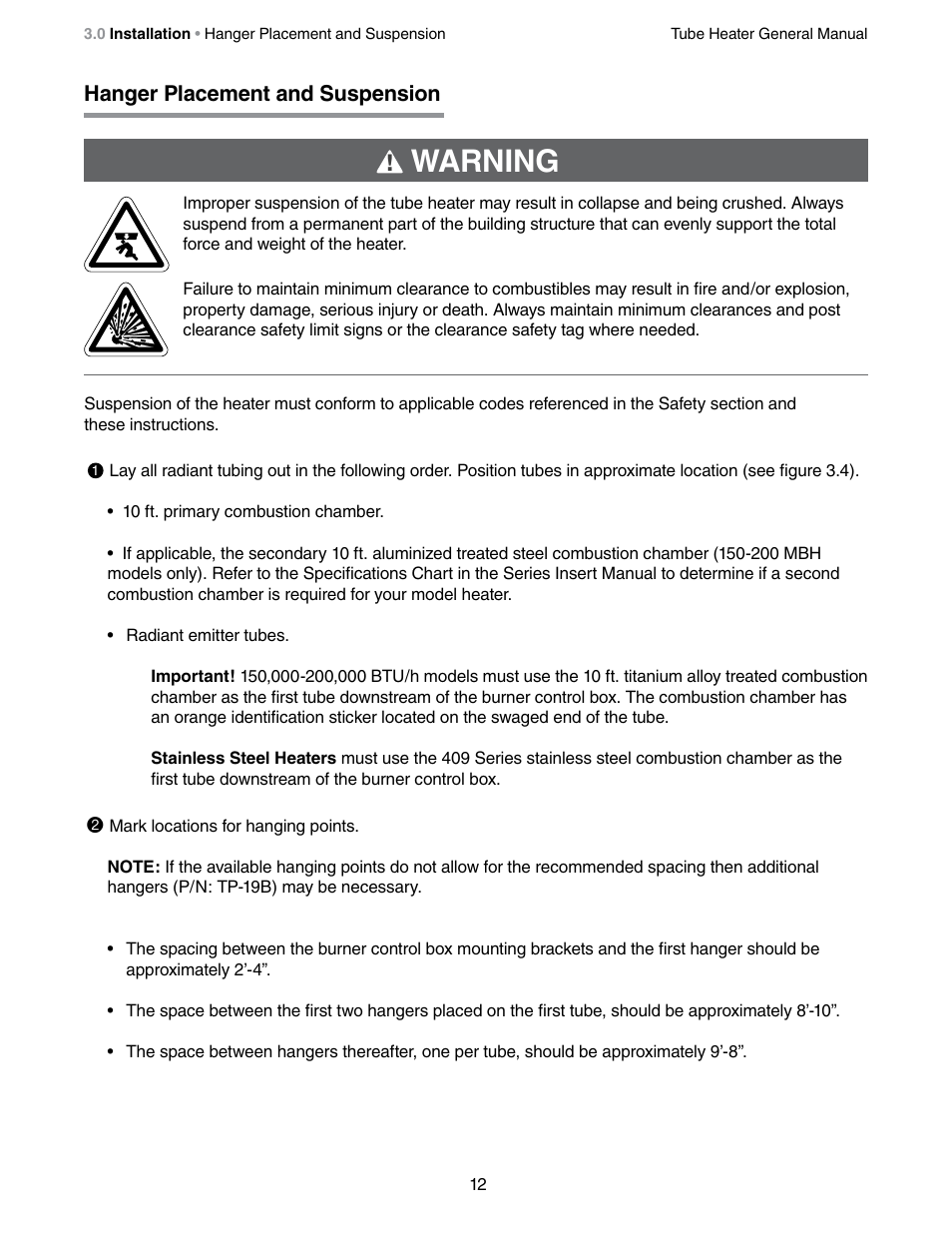 Warning, Hanger placement and suspension | Detroit Radiant Products Company SV Series User Manual | Page 12 / 36