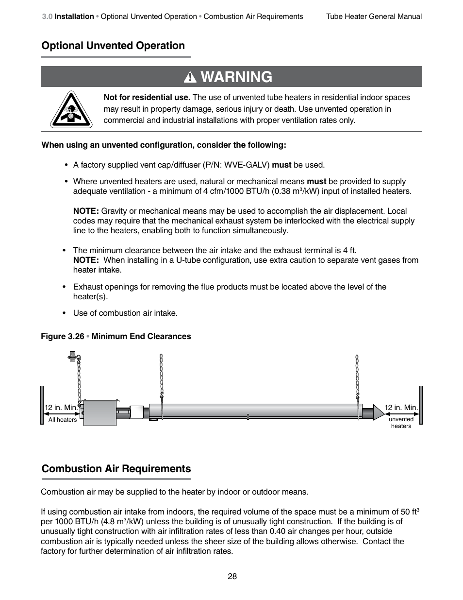 Warning, Optional unvented operation, Combustion air requirements | Detroit Radiant Products Company SV Series User Manual | Page 28 / 36