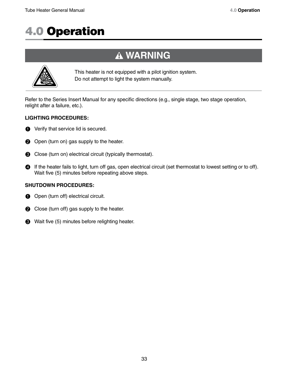 0 operation, Warning | Detroit Radiant Products Company SV Series User Manual | Page 33 / 36