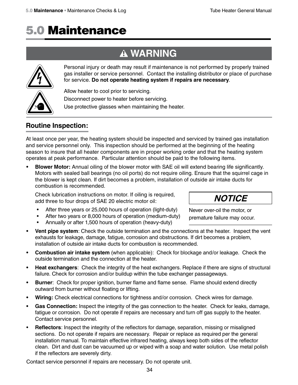 0 maintenance, Warning, Notice | Detroit Radiant Products Company SV Series User Manual | Page 34 / 36