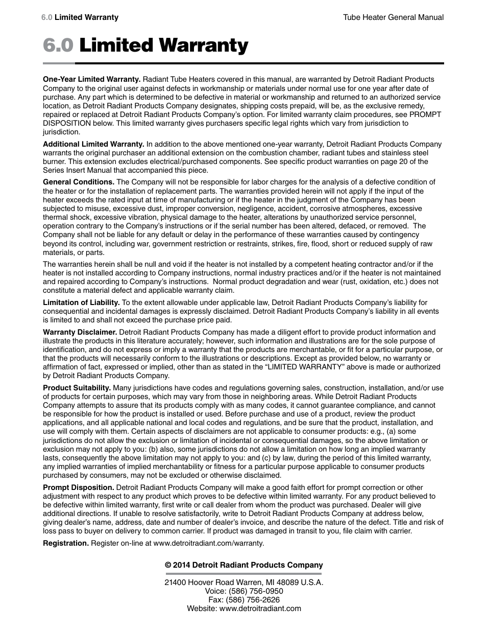 0 limited warranty | Detroit Radiant Products Company SV Series User Manual | Page 36 / 36