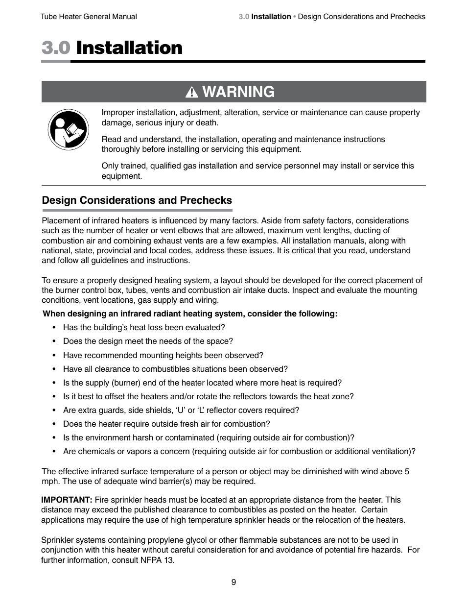 0 installation, Warning | Detroit Radiant Products Company SV Series User Manual | Page 9 / 36