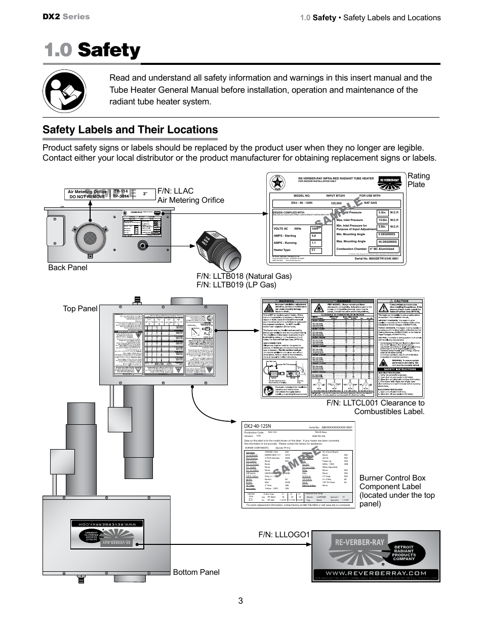 0 safety, Sa mpl e sa mpl e, Safety labels and their locations | Sample, 0 safety • safety labels and locations, F/n: llac air metering orifice | Detroit Radiant Products Company SS Series User Manual | Page 3 / 20