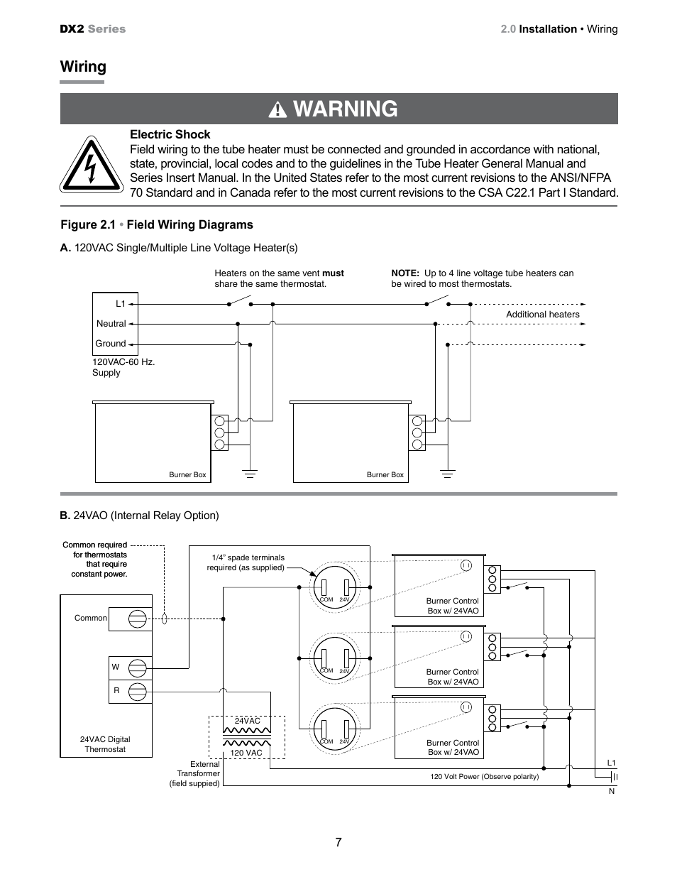 Warning, Wiring, Figure 2.1 • field wiring diagrams | Detroit Radiant Products Company SS Series User Manual | Page 7 / 20