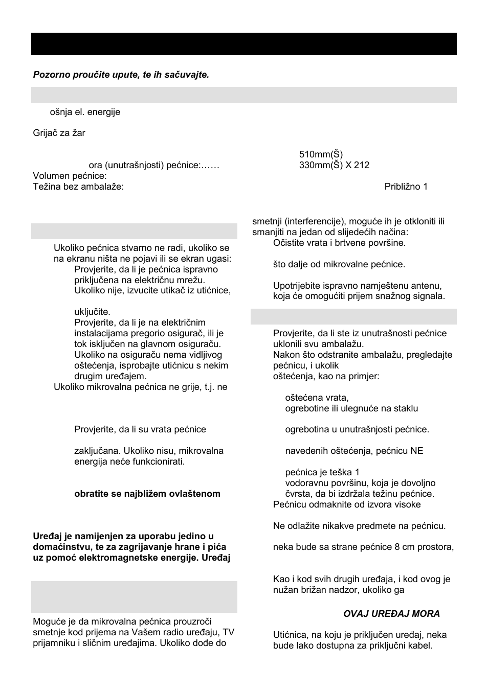Upute za uporabu hr, Specifikacija, Prije nego pozovete servisera | Radijske smetnje (interferencija), Postavljanje | Gorenje GMO-23 A User Manual | Page 10 / 169