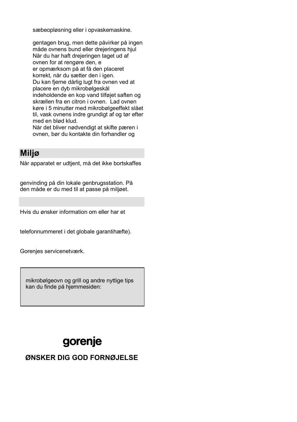 Miljø, Garanti og service | Gorenje GMO-23 A User Manual | Page 120 / 169