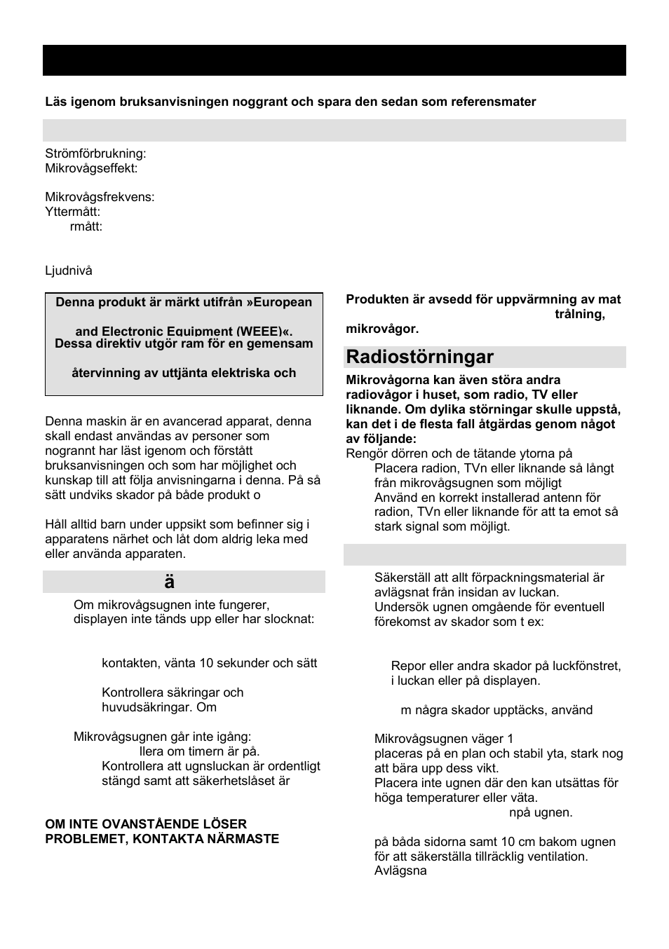 Bruksanvisning se, Tekniska specifikationer, Innan du beg är service | Radiostörningar, Installation | Gorenje GMO-23 A User Manual | Page 121 / 169