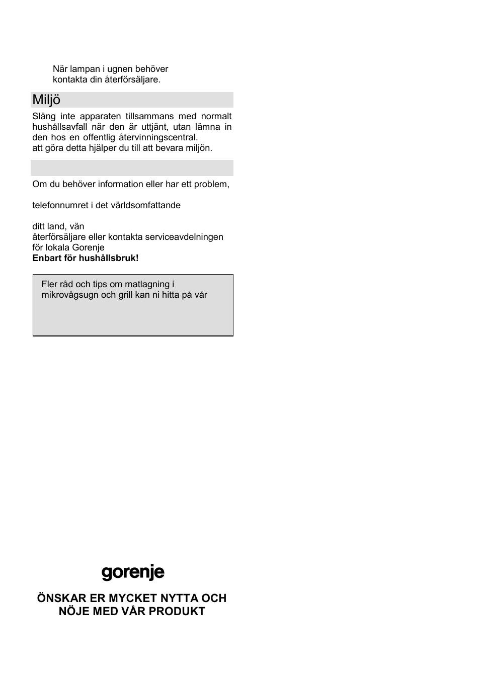 Miljö, Garanti & service | Gorenje GMO-23 A User Manual | Page 127 / 169