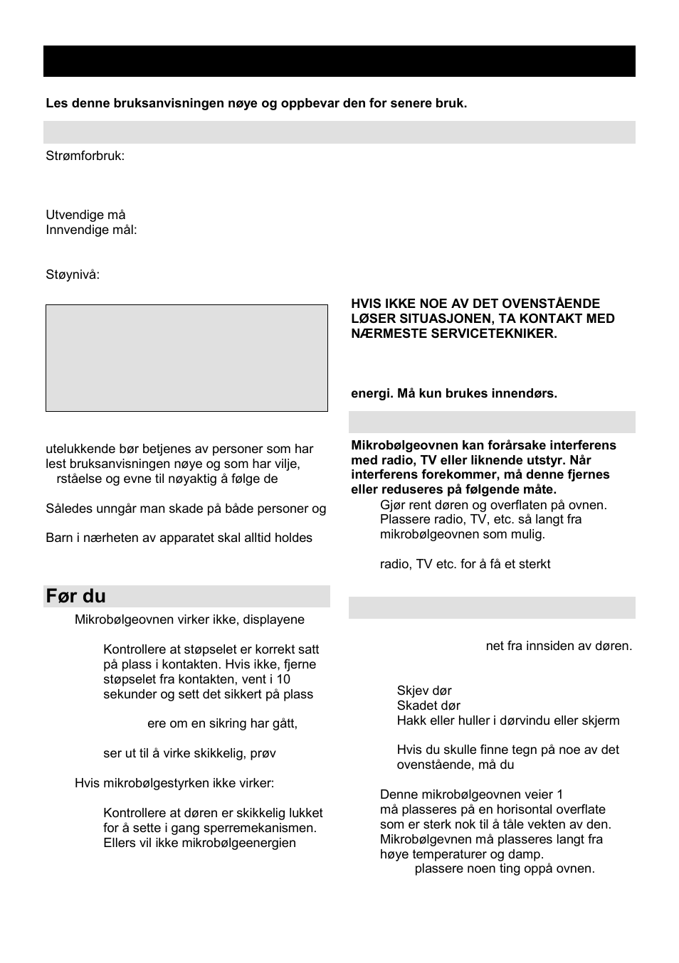 Bruksanvisning no, Spesifikasjoner, Før du ringer service | Radiointerferens, Installasjon | Gorenje GMO-23 A User Manual | Page 128 / 169