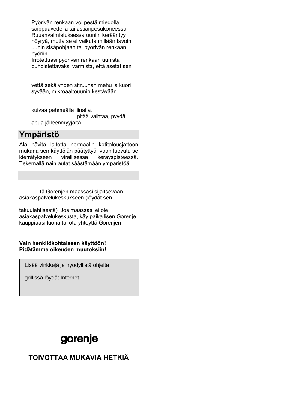 Ympäristö, Takuu ja huolto | Gorenje GMO-23 A User Manual | Page 141 / 169
