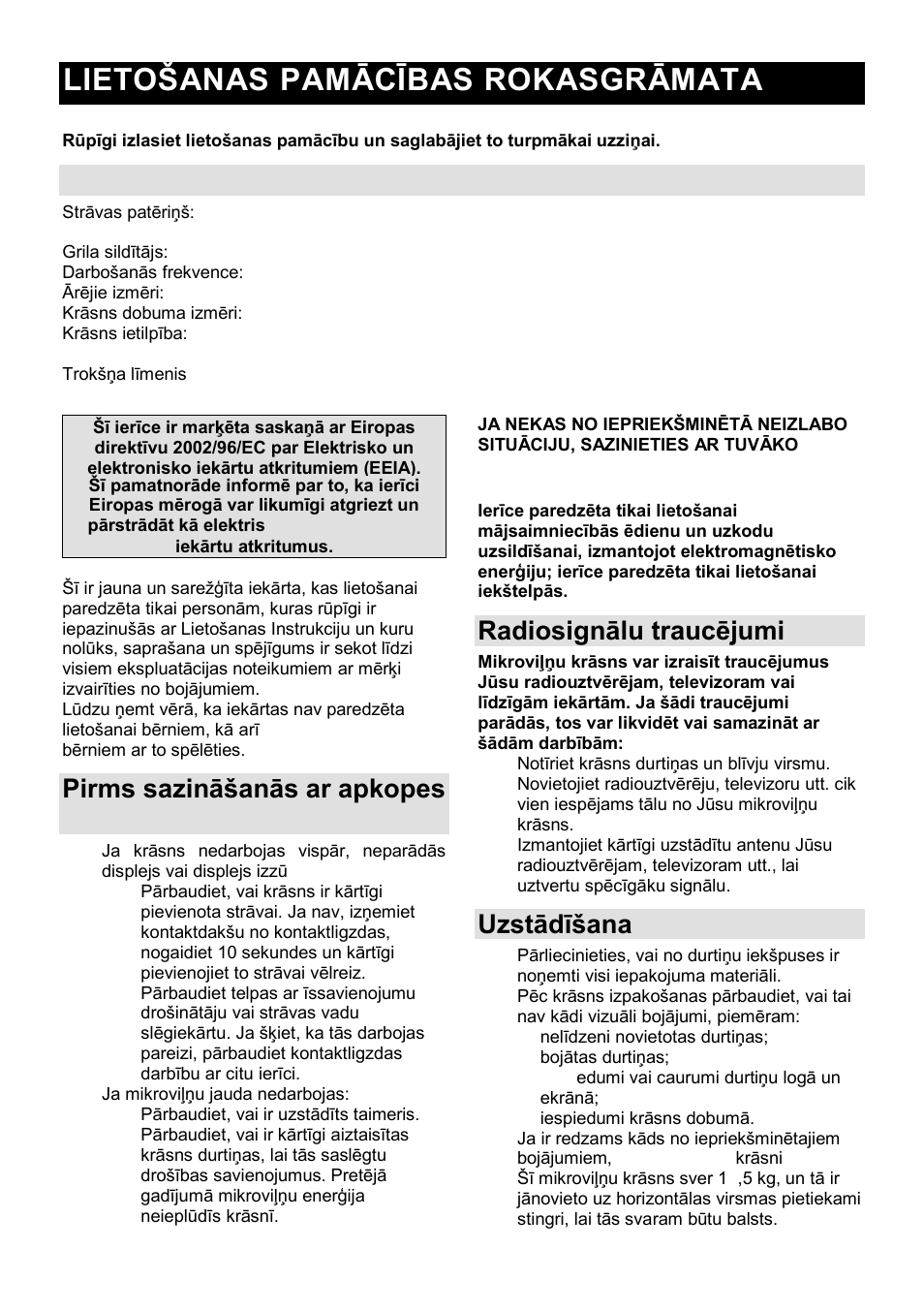 Lietońanas pamācības rokasgrāmata lv, Tehniskais raksturojums, Pirms sazināńanās ar apkopes dienestu | Radiosignālu traucējumi, Uzstādīńana | Gorenje GMO-23 A User Manual | Page 142 / 169