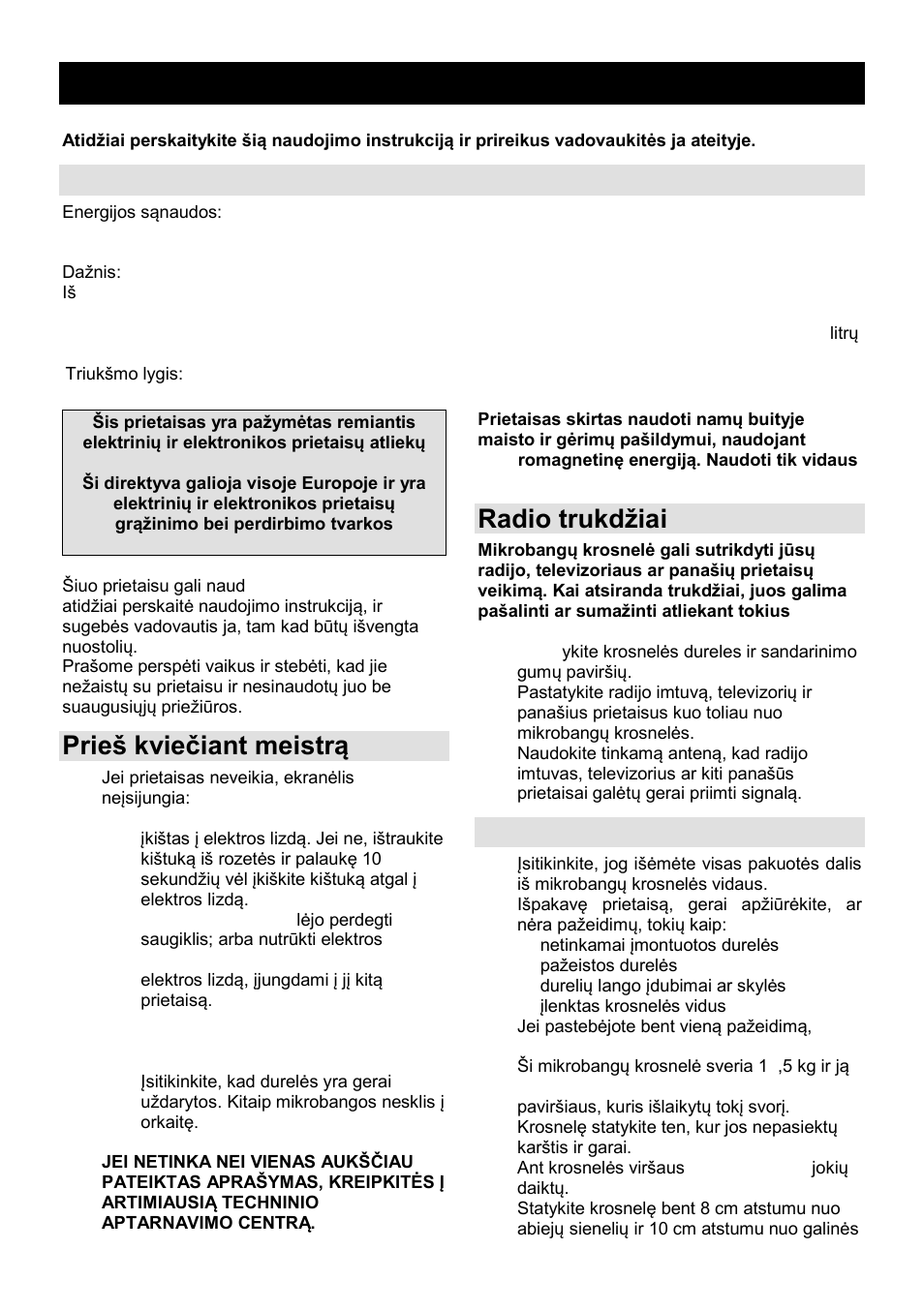 Naudojimo instrukcija lt, Techniniai duomenys, Prień kvieĉiant meistrą | Radio trukdņiai, Montavimas | Gorenje GMO-23 A User Manual | Page 149 / 169