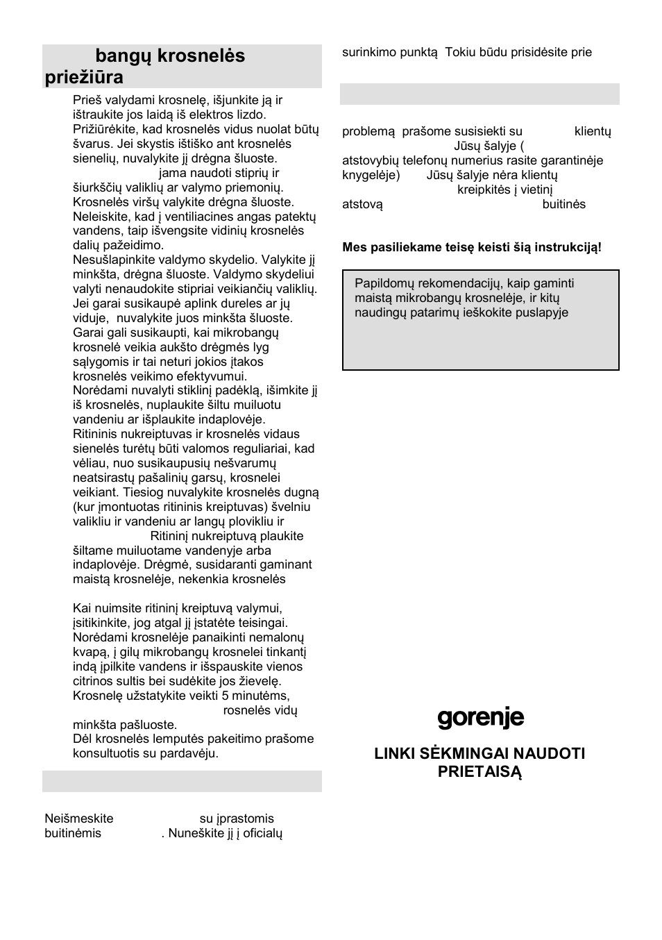 Mikro bangų krosnelės prieņiūra, Aplinka, Garantija ir aptarnavimas | Gorenje GMO-23 A User Manual | Page 155 / 169