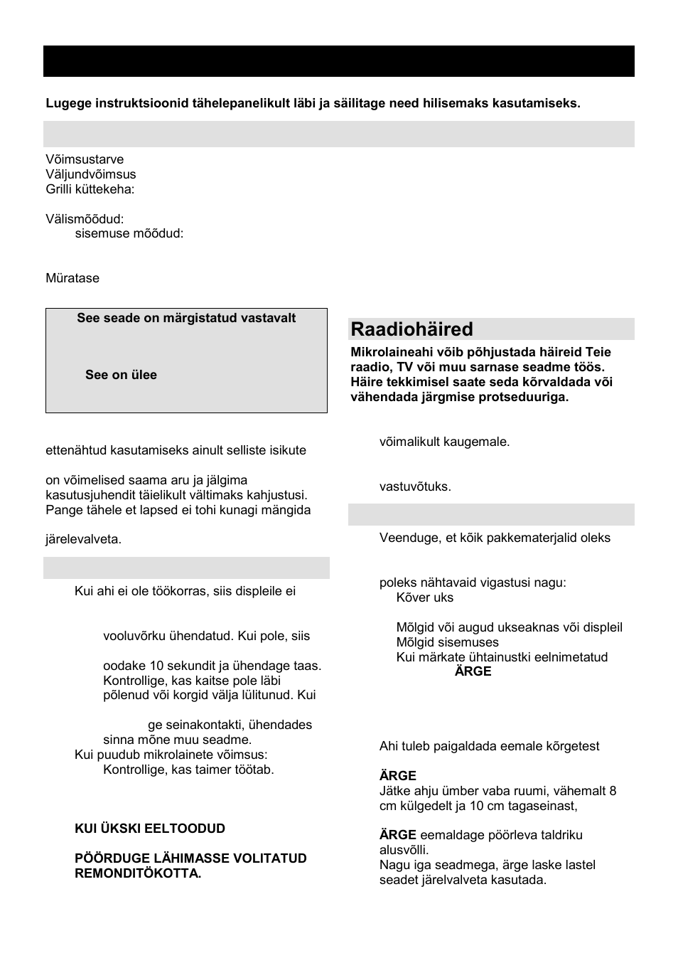 Kasutusjuhend ee, Tehnilised andmed, Enne hooldusesse helistamist | Raadiohäired, Paigaldamine | Gorenje GMO-23 A User Manual | Page 156 / 169